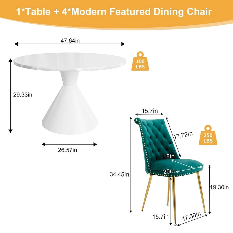 Ensemble de table à manger de luxe blanc brillant avec 48 chaises en velours