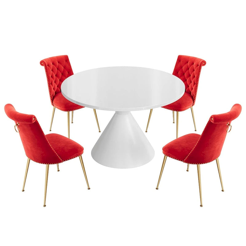 Ensemble de table à manger de luxe blanc brillant avec 48 chaises en velours