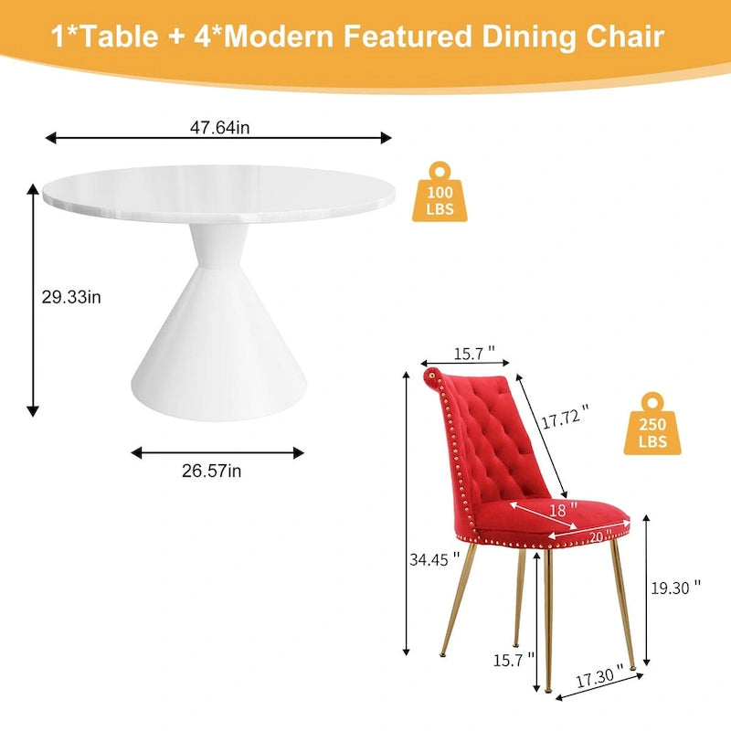 Ensemble de table à manger de luxe blanc brillant avec 48 chaises en velours