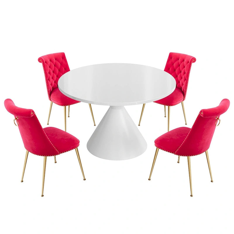 Ensemble de table à manger de luxe blanc brillant avec 48 chaises en velours