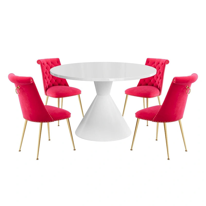 Ensemble de table à manger de luxe blanc brillant avec 48 chaises en velours