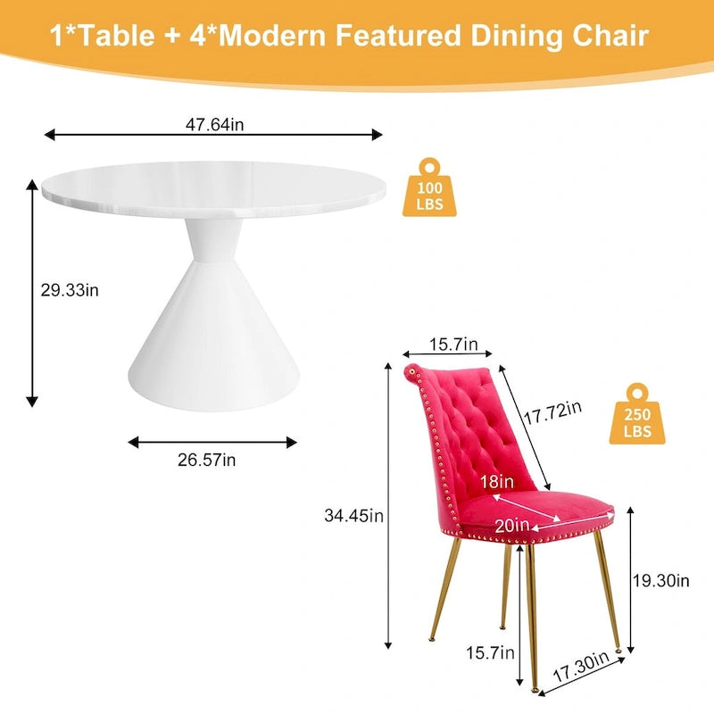 Ensemble de table à manger de luxe blanc brillant avec 48 chaises en velours