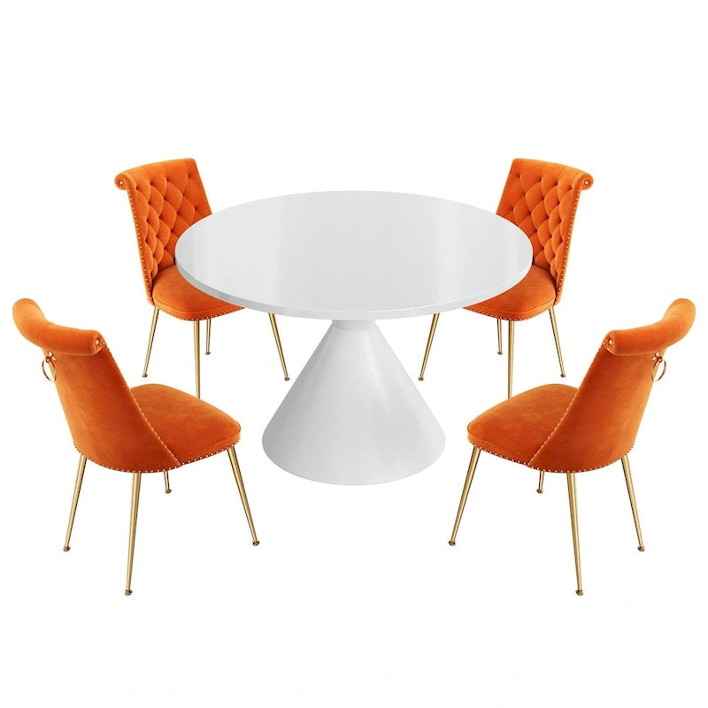 Ensemble de table à manger de luxe blanc brillant avec 48 chaises en velours