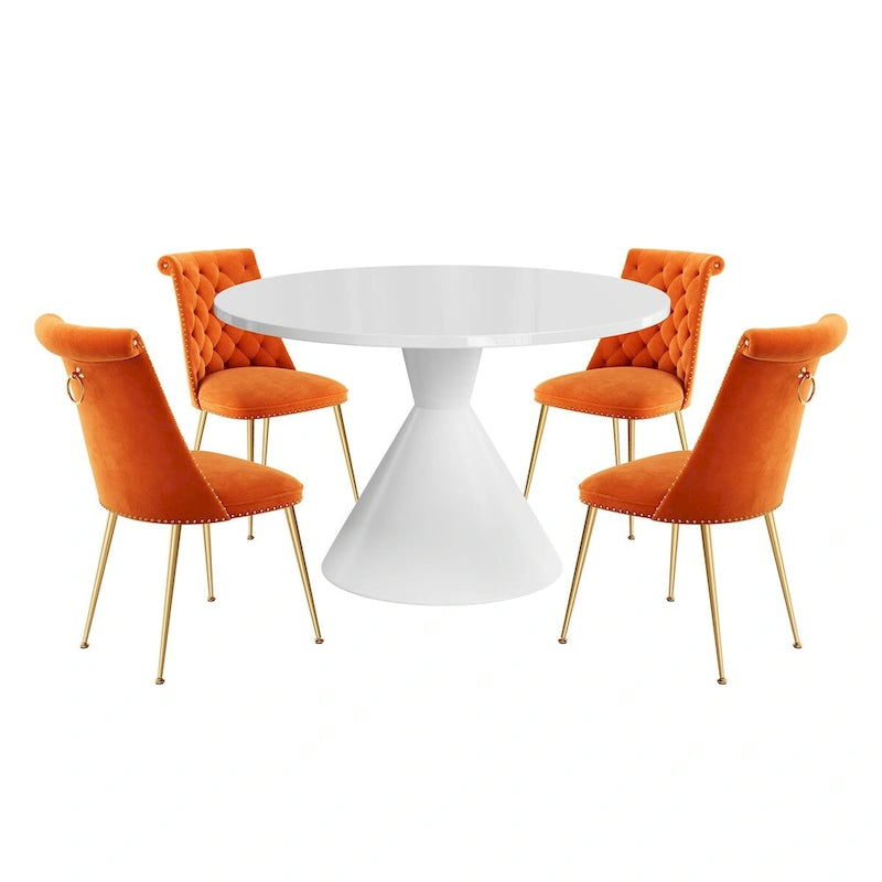 Ensemble de table à manger de luxe blanc brillant avec 48 chaises en velours