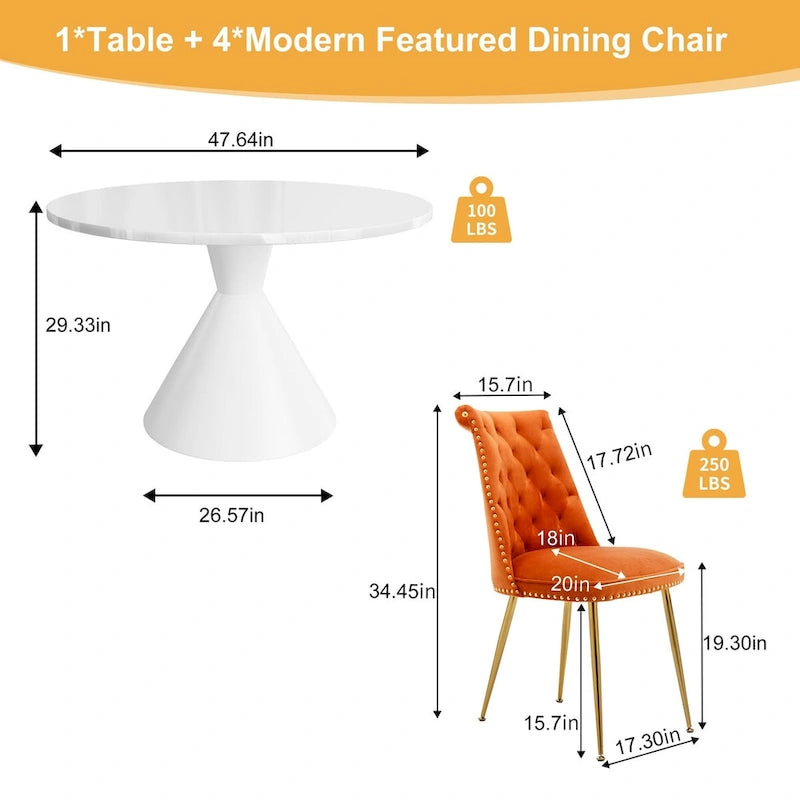 Ensemble de table à manger de luxe blanc brillant avec 48 chaises en velours
