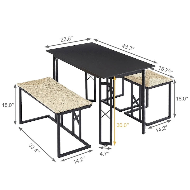 Javlergo Ensemble de salle à manger 4 pièces, Table de cuisine peu encombrante avec banc et deux tabourets pour 4 personnes