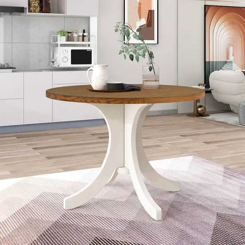 Mid-Century Solid Wood 5-Piece Round Dining Table Set, Kitchen Table Set with Upholstered Chairs, Walnut Table+Beige Chair