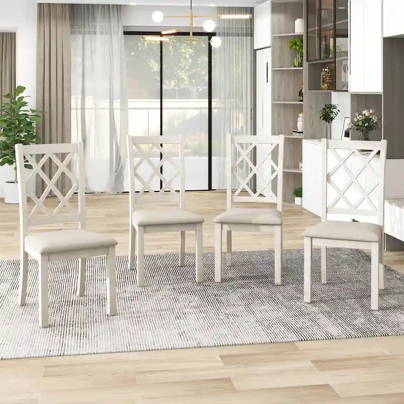 Mid-Century Solid Wood 5-Piece Round Dining Table Set, Kitchen Table Set with Upholstered Chairs, Walnut Table+Beige Chair