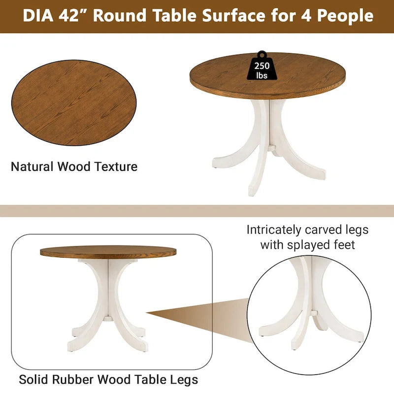 Mid-Century Solid Wood 5-Piece Round Dining Table Set, Kitchen Table Set with Upholstered Chairs, Walnut Table+Beige Chair