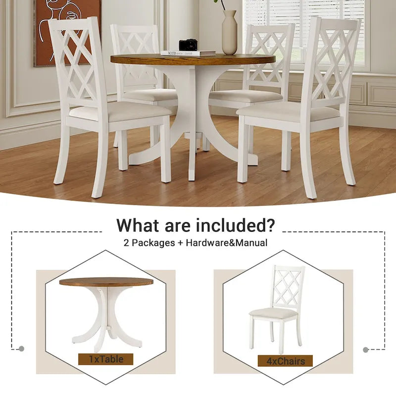 Mid-Century Solid Wood 5-Piece Round Dining Table Set, Kitchen Table Set with Upholstered Chairs, Walnut Table+Beige Chair