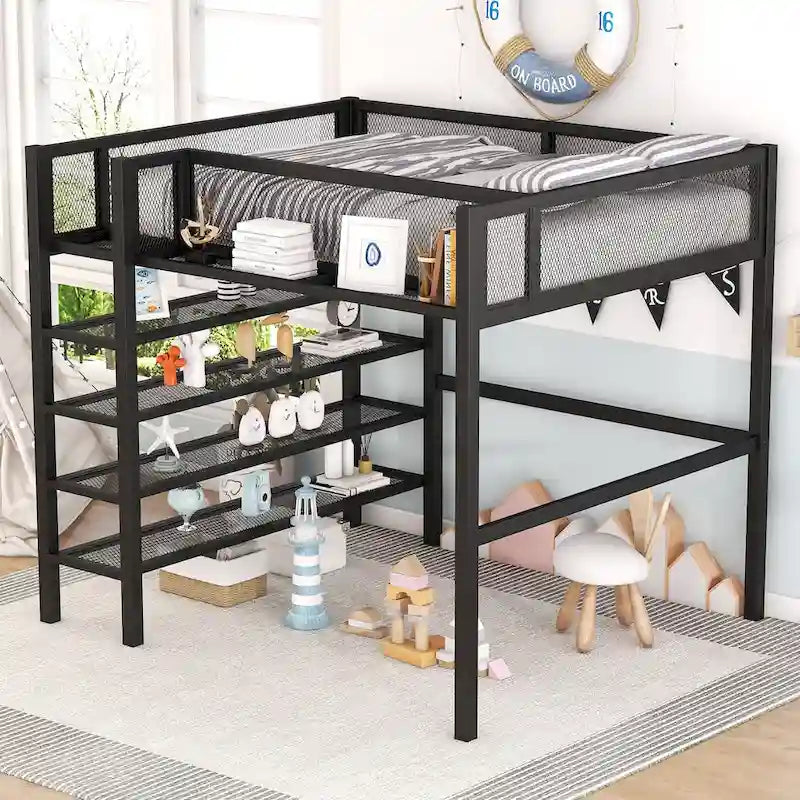 Full Size Metal Loft Bed with 4-Tier Shelves and Storage