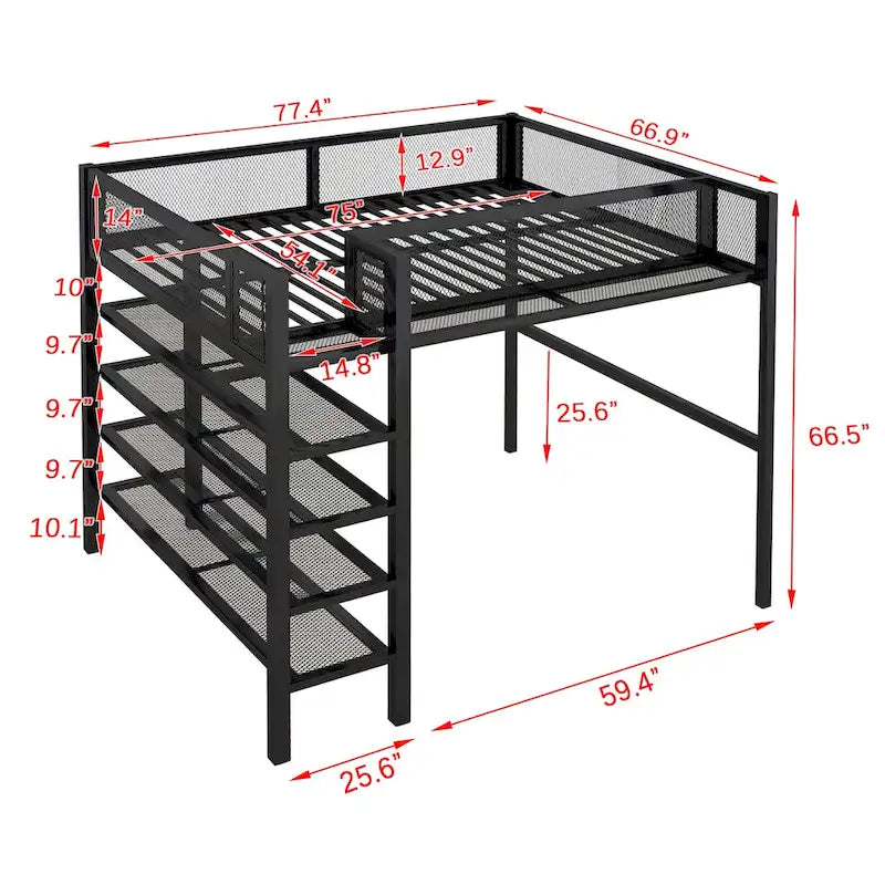Full Size Metal Loft Bed with 4-Tier Shelves and Storage