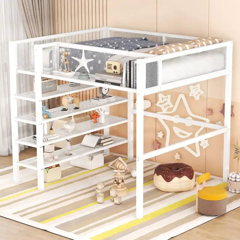 Full Size Metal Loft Bed with 4-Tier Shelves and Storage