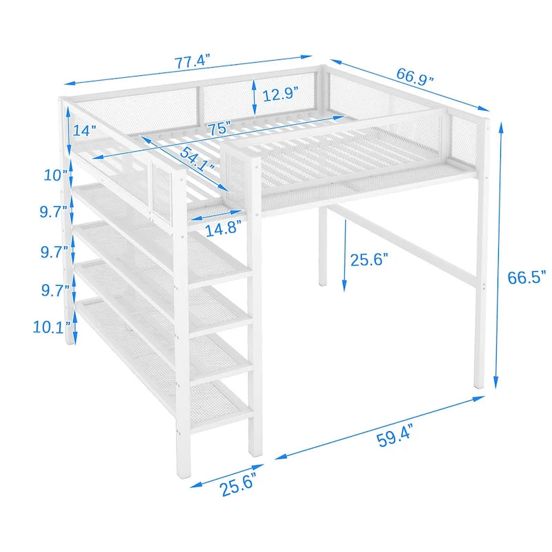 Full Size Metal Loft Bed with 4-Tier Shelves and Storage