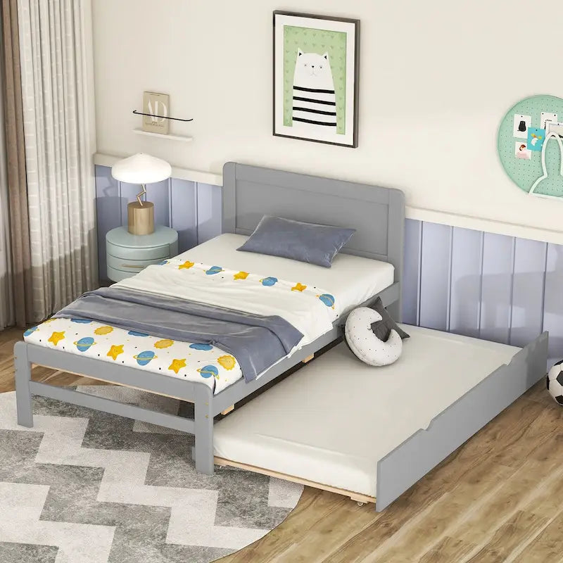 Contemporary Twin Platform Bed Frame with Trundle - Durable Rubberwood, Plywood, MDF Construction