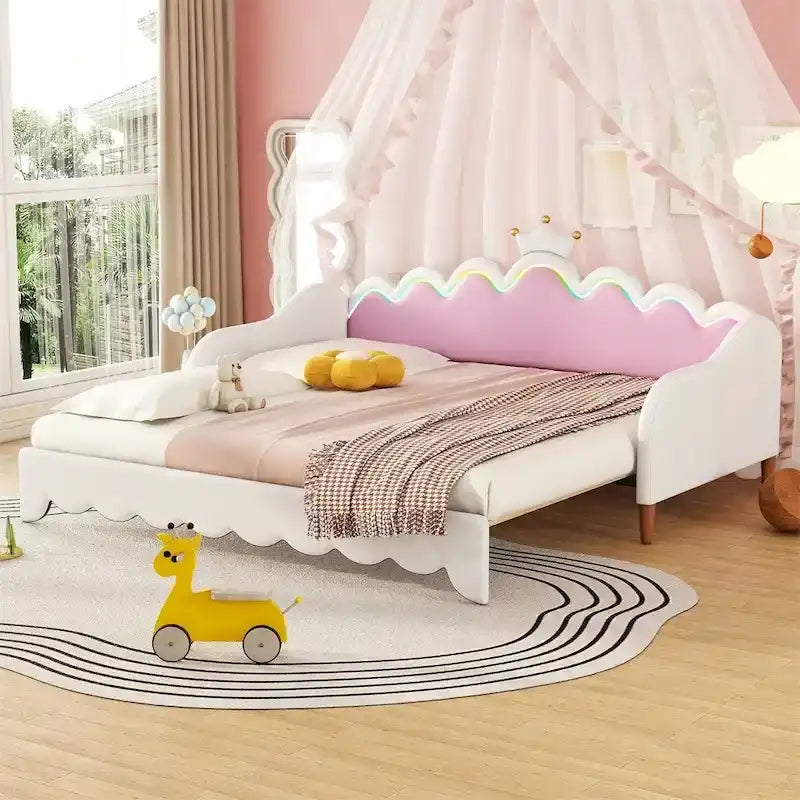 Lit de Repos Extensible Jumeau avec Lumières LED, Lit de Repos de Princesse Rembourré