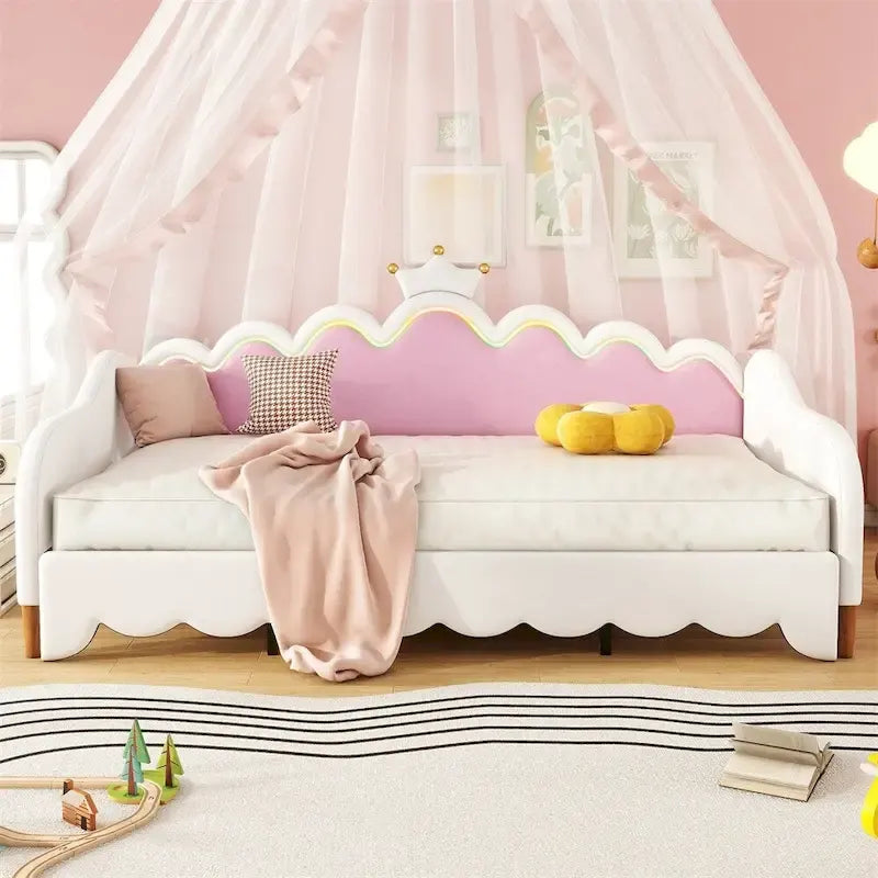Lit de Repos Extensible Jumeau avec Lumières LED, Lit de Repos de Princesse Rembourré