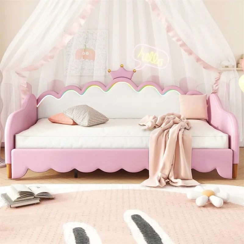 Lit de Repos Extensible Jumeau avec Lumières LED, Lit de Repos de Princesse Rembourré