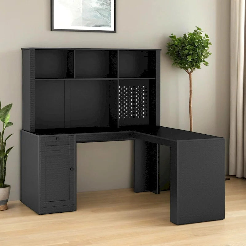 L Shaped Desk with Charger,Computer Desk with Drawers,Bookshelf & Hutchwith LED Light,Modern Corner Desk,Home Office Desk