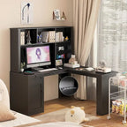 L Shaped Desk with Charger,Computer Desk with Drawers,Bookshelf & Hutchwith LED Light,Modern Corner Desk,Home Office Desk