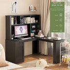 L Shaped Desk with Charger,Computer Desk with Drawers,Bookshelf & Hutchwith LED Light,Modern Corner Desk,Home Office Desk