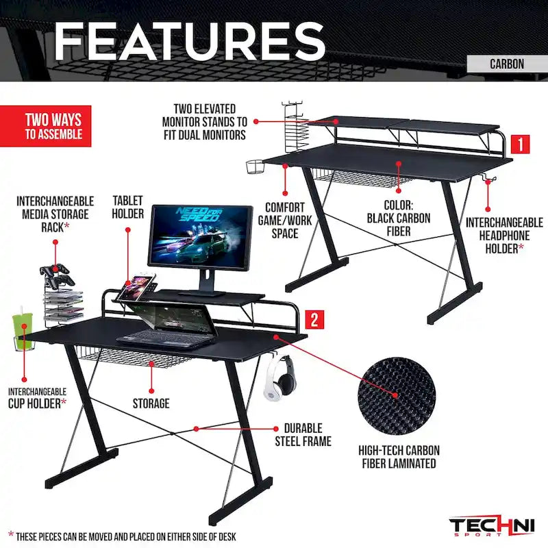 Techni Sport Carbon Computer Gaming Desk with Shelving