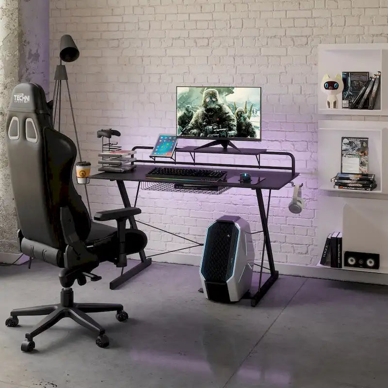 Techni Sport Carbon Computer Gaming Desk with Shelving