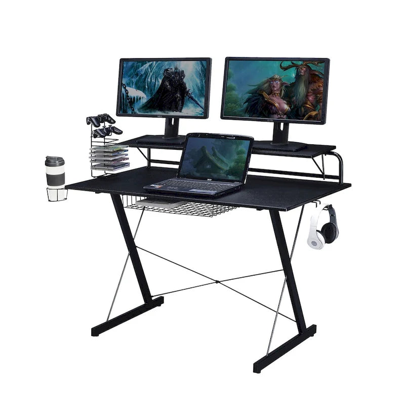 Techni Sport Carbon Computer Gaming Desk with Shelving