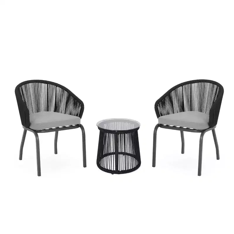 Christopher Knight Home Skycrest Outdoor Rope and Glass 3 Piece Chat Set with Cushion, Black/Gray