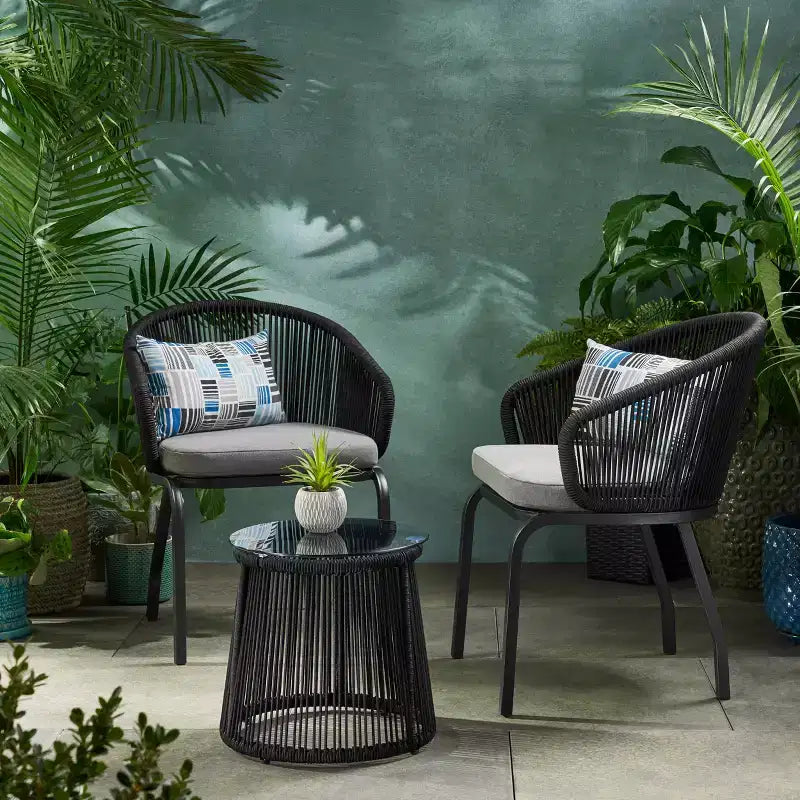 Christopher Knight Home Skycrest Ensemble de conversation 3 pièces d'extérieur en corde et verre avec coussin, Noir/Gris