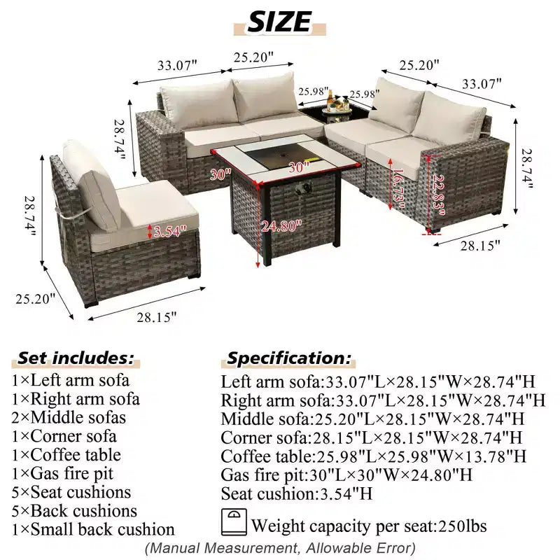 Marlton 7pc Wicker Outdoor Patio Furniture Set Conversation Sofa Set with a Fire Pit and Cushions