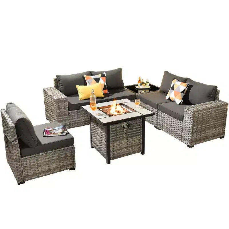 Marlton 7pc Wicker Outdoor Patio Furniture Set Conversation Sofa Set with a Fire Pit and Cushions