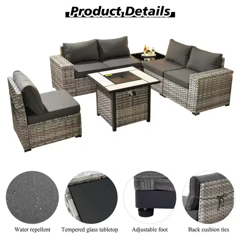 Marlton 7pc Wicker Outdoor Patio Furniture Set Conversation Sofa Set with a Fire Pit and Cushions