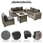 Marlton 7pc Wicker Outdoor Patio Furniture Set Conversation Sofa Set with a Fire Pit and Cushions