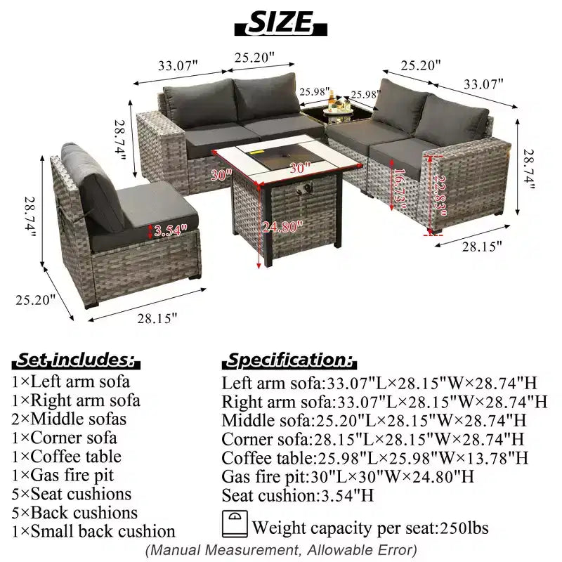 Marlton 7pc Wicker Outdoor Patio Furniture Set Conversation Sofa Set with a Fire Pit and Cushions