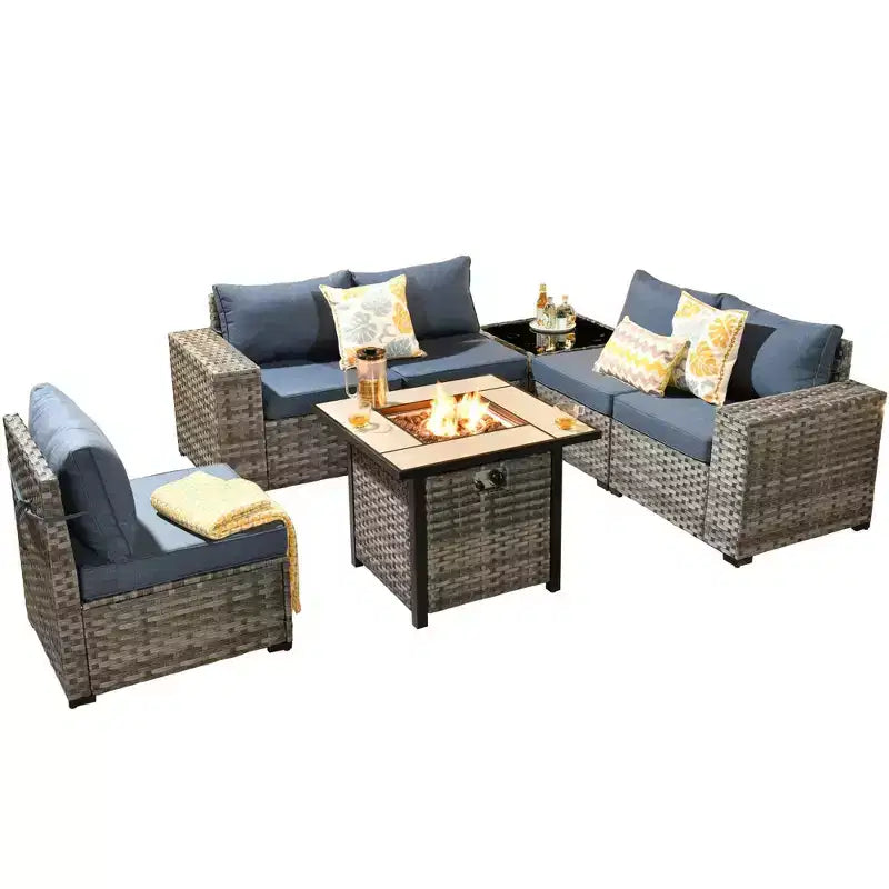 Marlton 7pc Wicker Outdoor Patio Furniture Set Conversation Sofa Set with a Fire Pit and Cushions