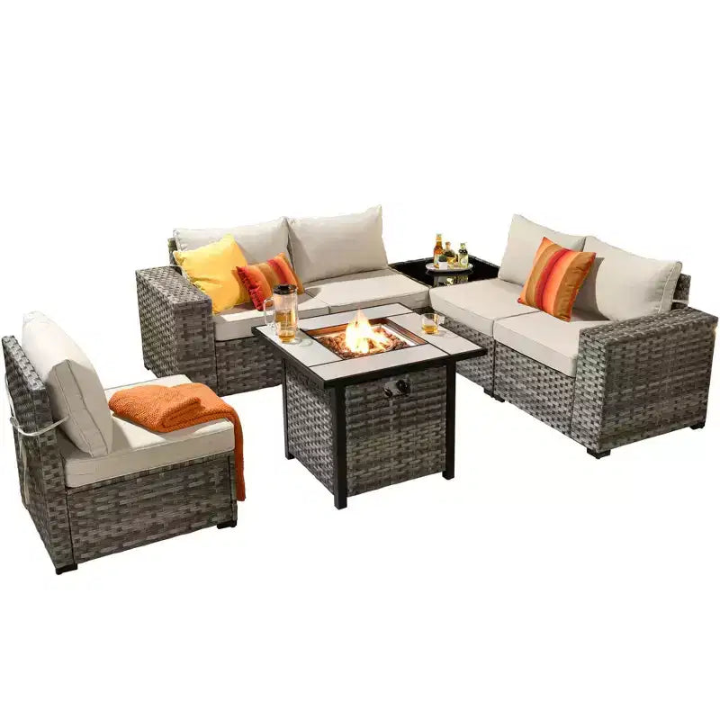 Marlton 7pc Wicker Outdoor Patio Furniture Set Conversation Sofa Set with a Fire Pit and Cushions