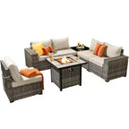 Marlton 7pc Wicker Outdoor Patio Furniture Set Conversation Sofa Set with a Fire Pit and Cushions