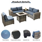 Marlton 7pc Wicker Outdoor Patio Furniture Set Conversation Sofa Set with a Fire Pit and Cushions