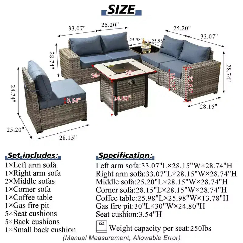 Marlton 7pc Wicker Outdoor Patio Furniture Set Conversation Sofa Set with a Fire Pit and Cushions