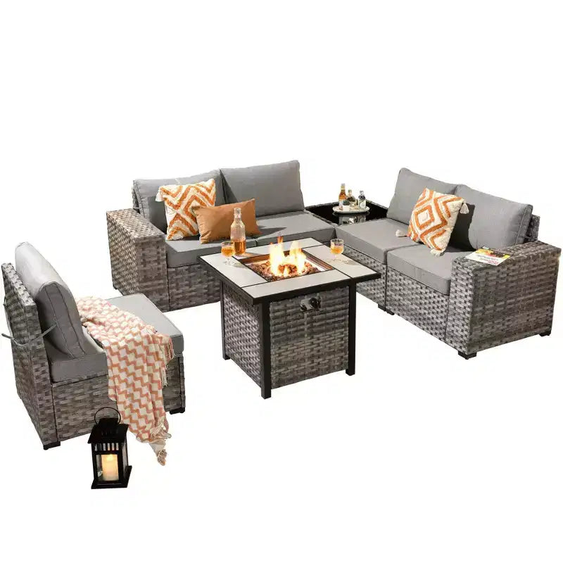 Marlton 7pc Wicker Outdoor Patio Furniture Set Conversation Sofa Set with a Fire Pit and Cushions