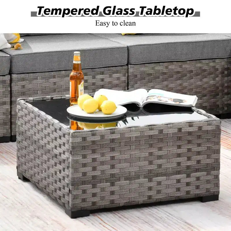 Marlton 7pc Wicker Outdoor Patio Furniture Set Conversation Sofa Set with a Fire Pit and Cushions