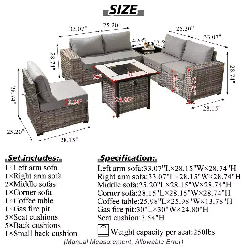 Marlton 7pc Wicker Outdoor Patio Furniture Set Conversation Sofa Set with a Fire Pit and Cushions