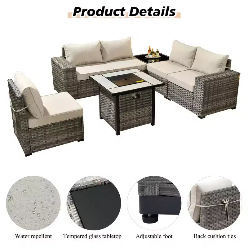 Marlton 7pc Wicker Outdoor Patio Furniture Set Conversation Sofa Set with a Fire Pit and Cushions