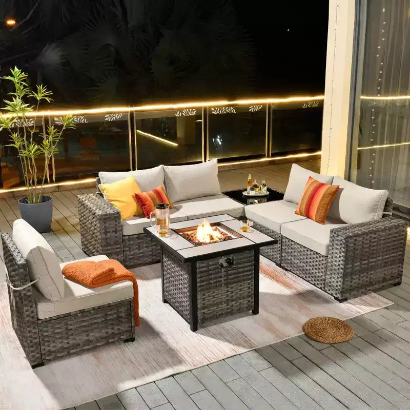 Marlton 7pc Wicker Outdoor Patio Furniture Set Conversation Sofa Set with a Fire Pit and Cushions