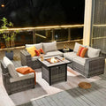 Marlton 7pc Wicker Outdoor Patio Furniture Set Conversation Sofa Set with a Fire Pit and Cushions