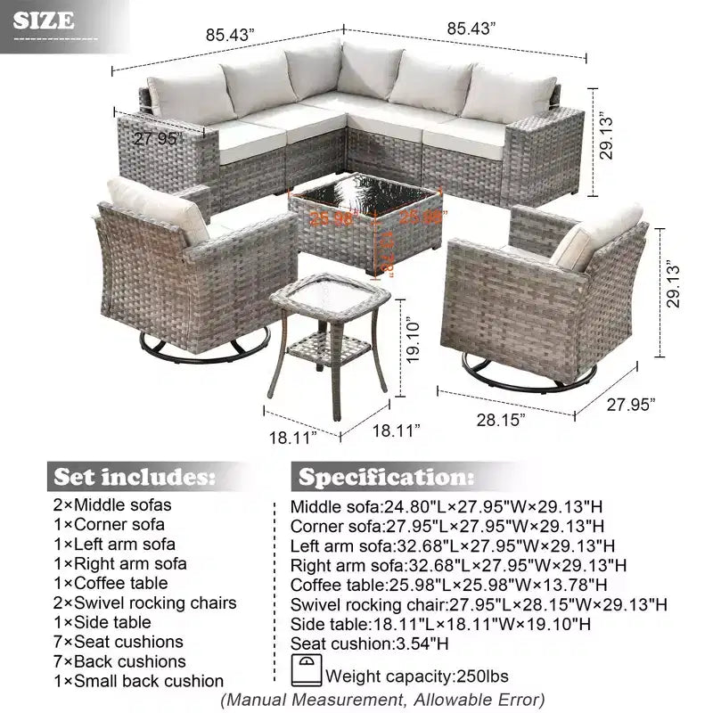 Marlton 9pc Wicker Outdoor Patio Furniture Set Conversation Sofa Sectional with Swivel Chairs and Cushions