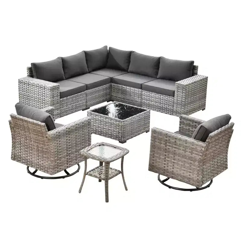 Marlton 9pc Wicker Outdoor Patio Furniture Set Conversation Sofa Sectional with Swivel Chairs and Cushions