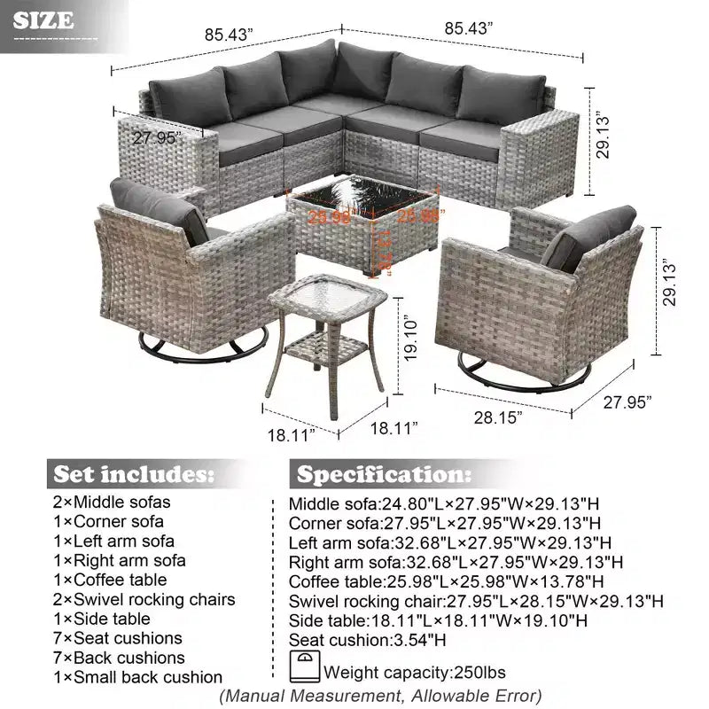 Marlton 9pc Wicker Outdoor Patio Furniture Set Conversation Sofa Sectional with Swivel Chairs and Cushions