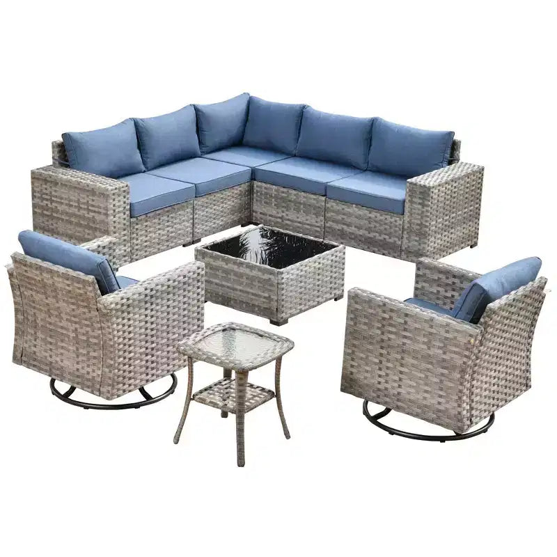 Marlton 9pc Wicker Outdoor Patio Furniture Set Conversation Sofa Sectional with Swivel Chairs and Cushions